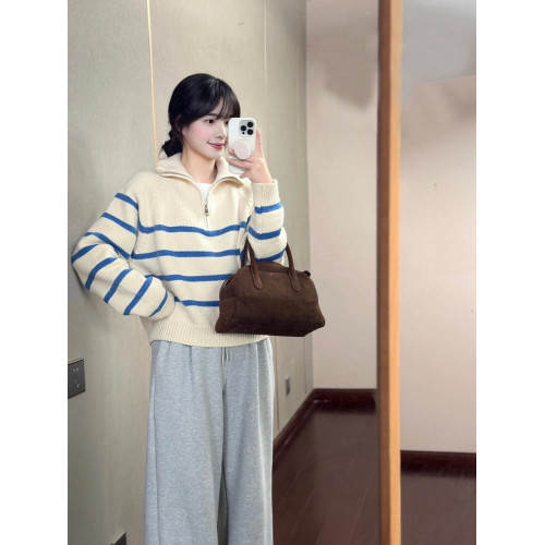 藍色條紋浣熊絨半拉鍊polo翻領毛衣秋冬女針織內搭打底衫上衣冬季