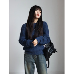 呆毛 美式復古休閒圓領綠色毛衣女秋冬慵懶風套頭羊毛針織衫上衣