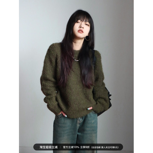 呆毛 美式復古休閒圓領綠色毛衣女秋冬慵懶風套頭羊毛針織衫上衣
