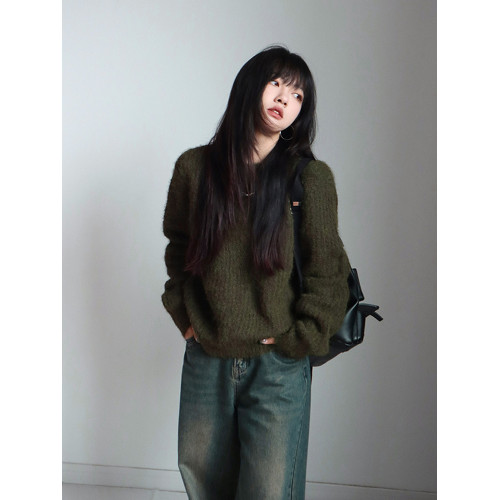 呆毛 美式復古休閒圓領綠色毛衣女秋冬慵懶風套頭羊毛針織衫上衣