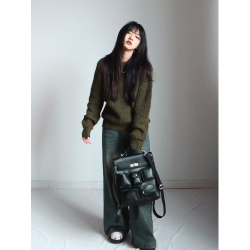 呆毛 美式復古休閒圓領綠色毛衣女秋冬慵懶風套頭羊毛針織衫上衣