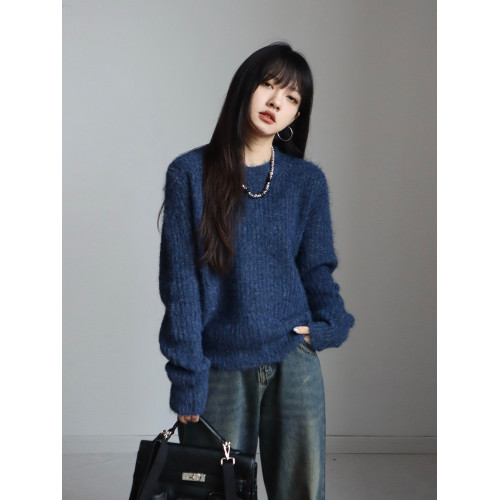 呆毛 美式復古休閒圓領綠色毛衣女秋冬慵懶風套頭羊毛針織衫上衣