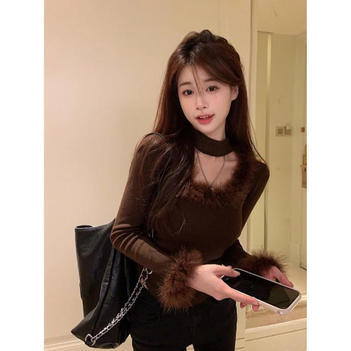 掛脖毛毛領打底毛衣針織衫女秋冬時尚內搭高級感修身顯瘦短款上衣