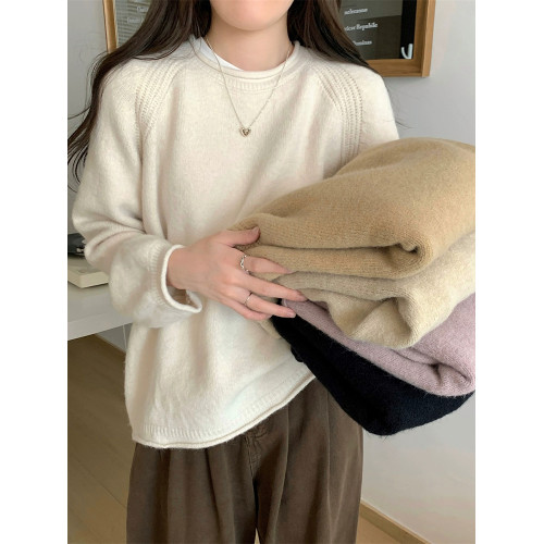 韓系溫柔風卷邊毛衣女春秋冬2025寬松軟糯內搭上衣復古打底針織衫