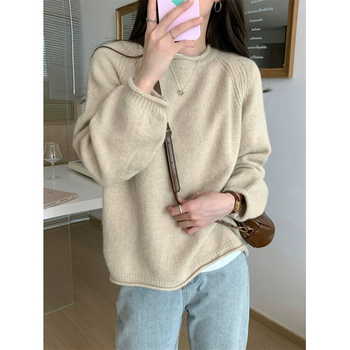 韓系溫柔風卷邊毛衣女春秋冬2025寬松軟糯內搭上衣復古打底針織衫