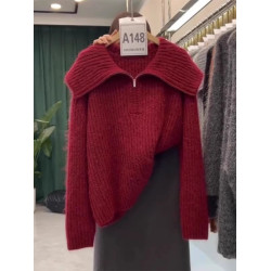 初秋時尚氣質大翻領針織衫上衣新年復古紅色半拉鍊翻領長袖毛衣