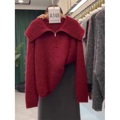 初秋時尚氣質大翻領針織衫上衣新年復古紅色半拉鍊翻領長袖毛衣