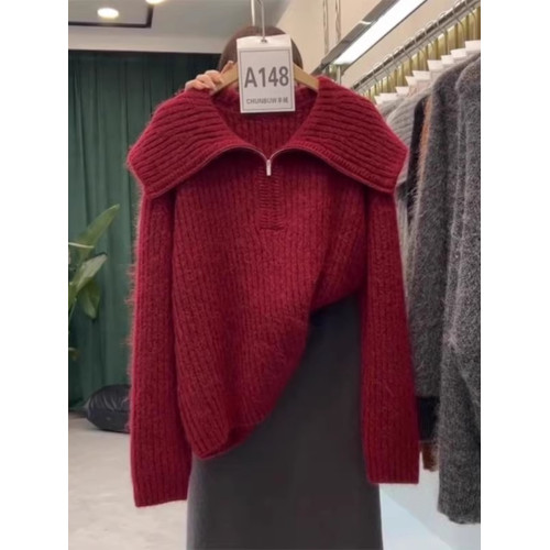 初秋時尚氣質大翻領針織衫上衣新年復古紅色半拉鍊翻領長袖毛衣