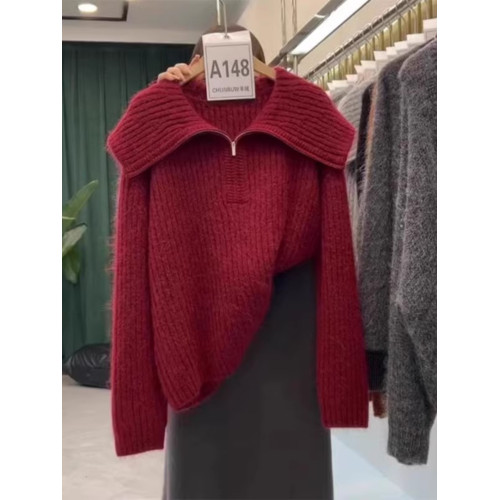 初秋時尚氣質大翻領針織衫上衣新年復古紅色半拉鍊翻領長袖毛衣