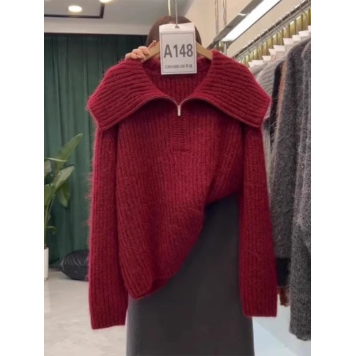 初秋時尚氣質大翻領針織衫上衣新年復古紅色半拉鍊翻領長袖毛衣