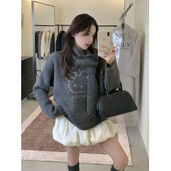 韓系設計感卡通貓咪提花針織毛衣女2025秋冬寬松配圍巾兩件套上衣