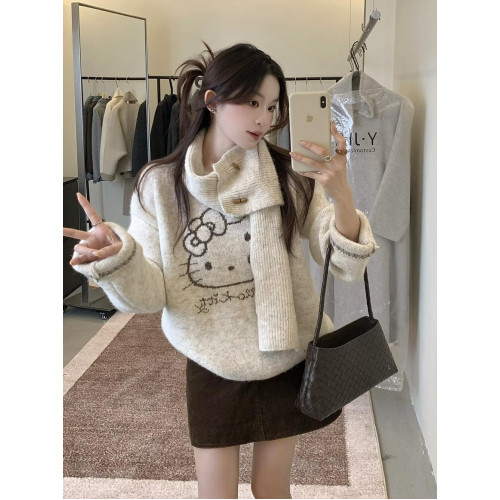 韓系設計感卡通貓咪提花針織毛衣女2025秋冬寬松配圍巾兩件套上衣