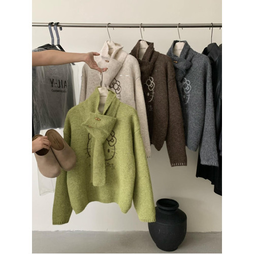 韓系設計感卡通貓咪提花針織毛衣女2025秋冬寬松配圍巾兩件套上衣