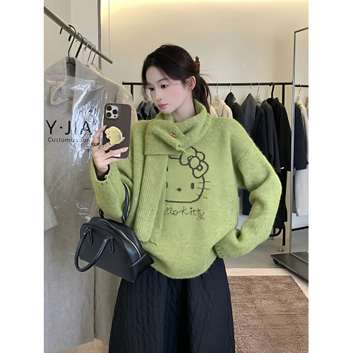 韓系設計感卡通貓咪提花針織毛衣女2025秋冬寬松配圍巾兩件套上衣
