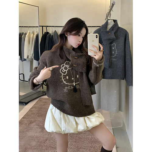 韓系設計感卡通貓咪提花針織毛衣女2025秋冬寬松配圍巾兩件套上衣