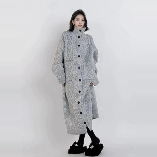 長款開衫大衣灰色慵懶大毛衣裙女秋冬過膝高領大碼針織連衣裙加厚