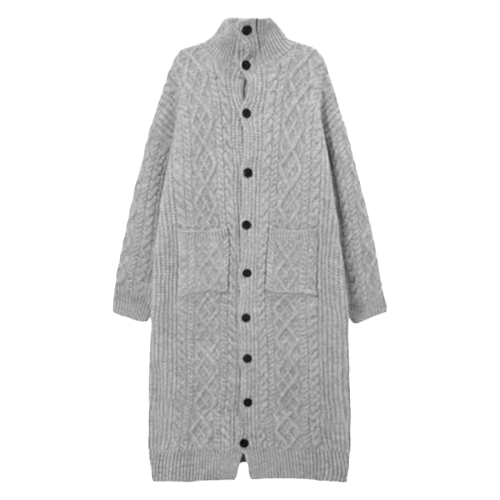 長款開衫大衣灰色慵懶大毛衣裙女秋冬過膝高領大碼針織連衣裙加厚