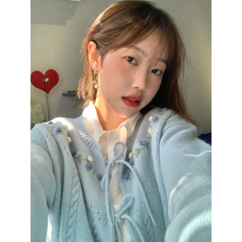 鉤花奶乖甜美baby藍毛衣外套女開衫日系復古春秋裝針織溫柔風上衣