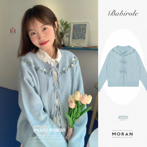 鉤花奶乖甜美baby藍毛衣外套女開衫日系復古春秋裝針織溫柔風上衣