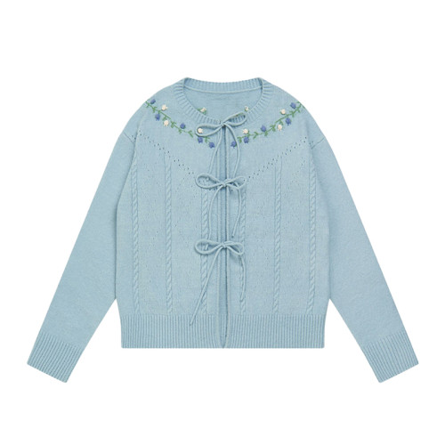 鉤花奶乖甜美baby藍毛衣外套女開衫日系復古春秋裝針織溫柔風上衣