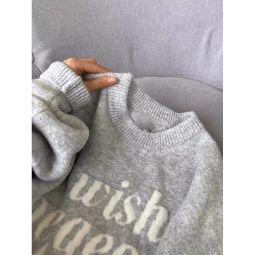 美式復古字母提花灰色毛衣女秋冬寬松外穿慵懶風圓領軟糯針織上衣