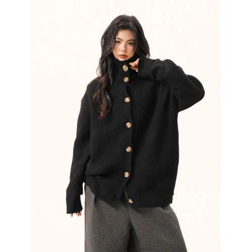 重磅老錢風紐釦立領針織開衫女男2025秋冬潮牌慵懶高級感毛衣外套