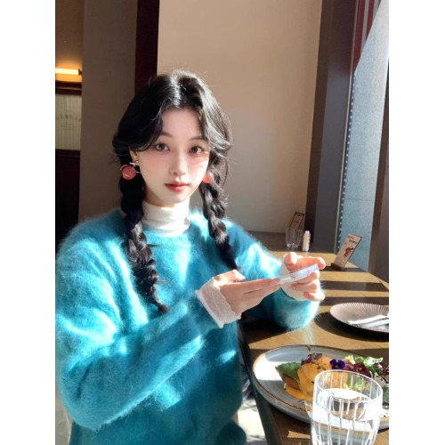 藍色水貂絨套頭毛衣女冬季加厚軟糯奶fufu寬松慵懶風毛茸茸針織衫 藍色水貂絨套頭毛衣女冬季加厚軟糯奶fufu寬松慵懶風毛茸茸針織衫