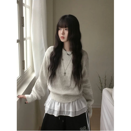 Up and on 韓系慵懶基本款純色休閒百搭寬松圓領長袖針織衫毛衣