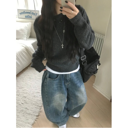 Up and on 韓系慵懶基本款純色休閒百搭寬松圓領長袖針織衫毛衣