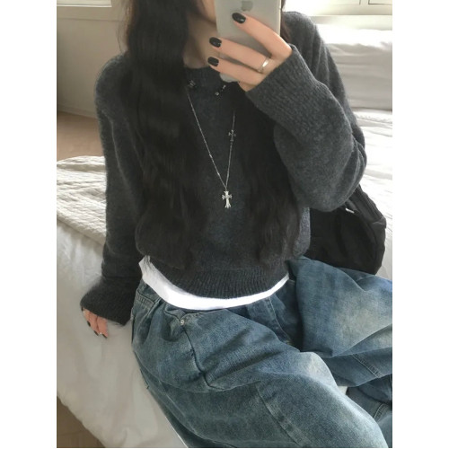 Up and on 韓系慵懶基本款純色休閒百搭寬松圓領長袖針織衫毛衣