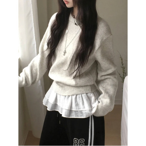 Up and on 韓系慵懶基本款純色休閒百搭寬松圓領長袖針織衫毛衣