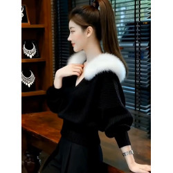 時尚慵懶風v領針織衫毛領2025新款秋冬高級感酒紅色毛衣上衣女裝