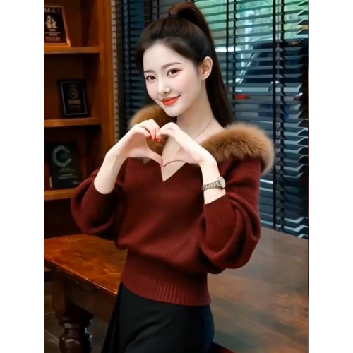 時尚慵懶風v領針織衫毛領2025新款秋冬高級感酒紅色毛衣上衣女裝