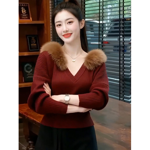 時尚慵懶風v領針織衫毛領2025新款秋冬高級感酒紅色毛衣上衣女裝