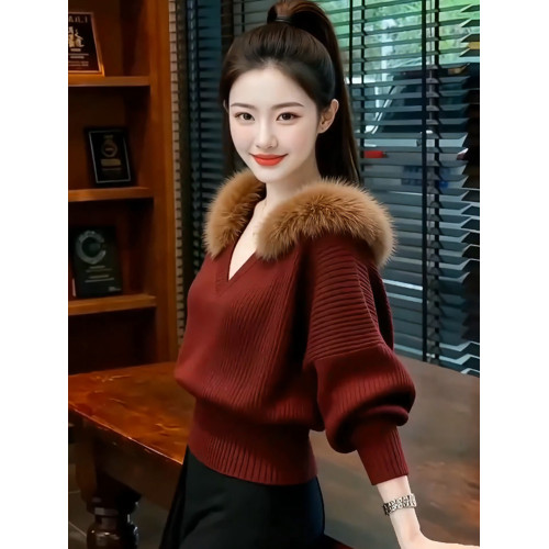 時尚慵懶風v領針織衫毛領2025新款秋冬高級感酒紅色毛衣上衣女裝