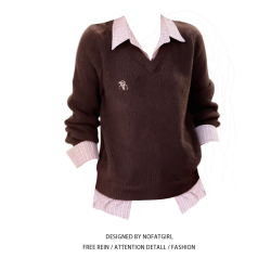 大碼胖MM學院風假兩件polo領針織毛衣女秋冬新款設計感翻領套頭衫