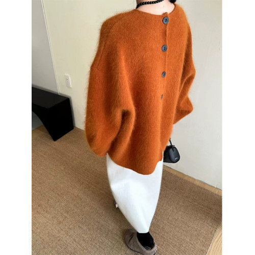 新年紅色後背釦子軟糯毛衣女秋冬外穿寬松針織開衫外套慵懶風上衣