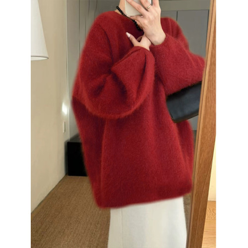 新年紅色後背釦子軟糯毛衣女秋冬外穿寬松針織開衫外套慵懶風上衣