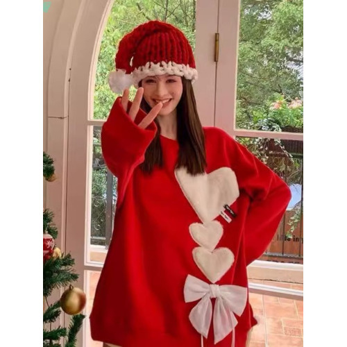 秋冬加厚聖誕毛衣過年紅色寬松慵懶風內搭小個子針織愛心打底上衣