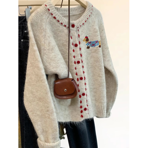 杏色小狗加厚圓領針織開衫女秋冬2025新款設計感外穿軟糯毛衣外套 杏色小狗加厚圓領針織開衫女秋冬2025新款設計感外穿軟糯毛衣外套