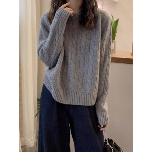 慵懶灰色麻花針織毛衣女套頭秋冬新款設計感寬松針織內搭打底上衣 慵懶灰色麻花針織毛衣女套頭秋冬新款設計感寬松針織內搭打底上衣