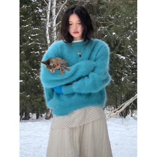 湖藍色仿貂絨軟糯套頭毛衣女秋冬小衆不撞款針織衫顯白毛茸茸上衣