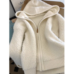 高級感米白色羊羔絨連帽拉鍊開衫毛衣女秋冬新款慵懶軟糯針織上衣