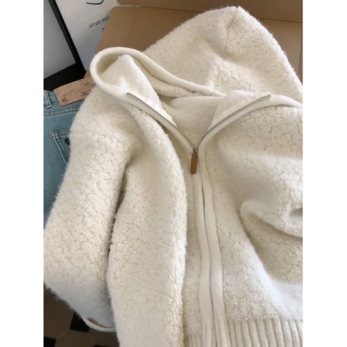 高級感米白色羊羔絨連帽拉鍊開衫毛衣女秋冬新款慵懶軟糯針織上衣 高級感米白色羊羔絨連帽拉鍊開衫毛衣女秋冬新款慵懶軟糯針織上衣