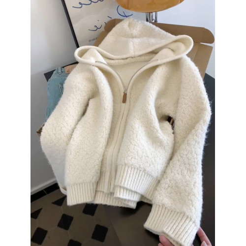 高級感米白色羊羔絨連帽拉鍊開衫毛衣女秋冬新款慵懶軟糯針織上衣 高級感米白色羊羔絨連帽拉鍊開衫毛衣女秋冬新款慵懶軟糯針織上衣