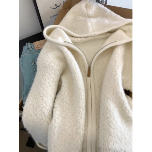 高級感米白色羊羔絨連帽拉鍊開衫毛衣女秋冬新款慵懶軟糯針織上衣 高級感米白色羊羔絨連帽拉鍊開衫毛衣女秋冬新款慵懶軟糯針織上衣