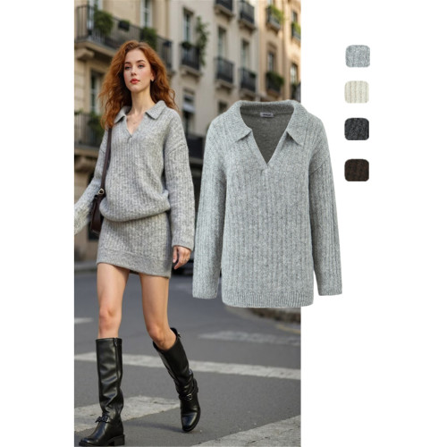 法式簡約慵懶風套頭翻領復古毛衣韓系V領顯瘦打底衫休閒寬松上衣