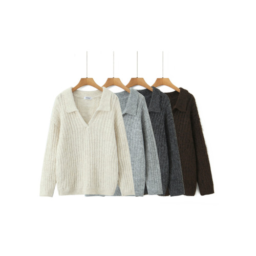 法式簡約慵懶風套頭翻領復古毛衣韓系V領顯瘦打底衫休閒寬松上衣