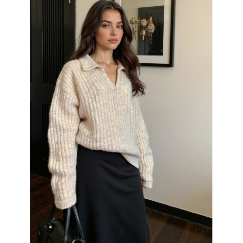 法式簡約慵懶風套頭翻領復古毛衣韓系V領顯瘦打底衫休閒寬松上衣