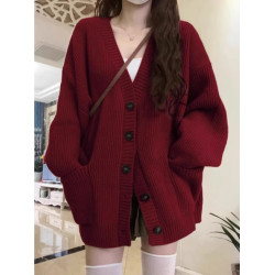 慵懶風復古酒紅色V領毛衣女設計感小衆寬松開衫外套2025新款爆款